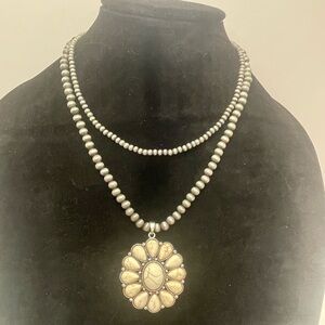 Two-tier Native American style flower pendant necklace with faux silver beads